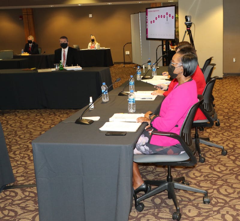 Ro-Anne Royer Engle, Ball State vice president for student affairs, presents fall 2021 enrollment numbers with Paula Luff, vice president for enrollment, planning and management at the Board of Trustees meeting in the L.A. Pittenger Student Center Oct. 1, 2021. Though freshman enrollment decreased by about 8 percent, the share of students of color and of socioeconomic diversity increased. Grace McCormick, DN