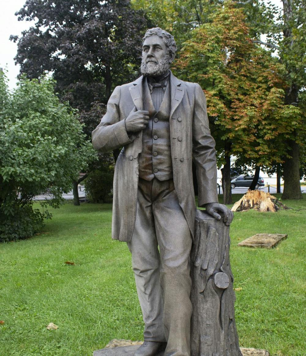 The statue of Charles Willard stands proudly outside the Delaware County Historical Society at 120 E. Washignton St. The statue will be unveiled to the public on Oct. 4. Patrick Murphy,DN