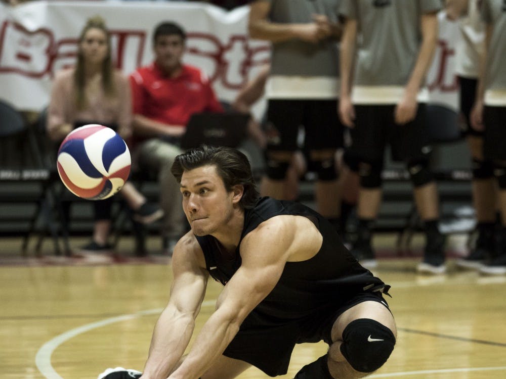 Junior libero Adam Wessel passes a serve during the match against Fort Wayne on March 17 in Worthen Arena. Wessel assisted the Cardinal’s 3-0 win by having a total of 10 digs throughout the match. Rachel Ellis, DN&nbsp;