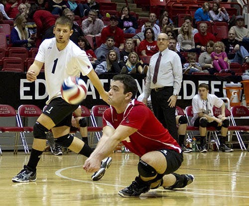 Senior Tommy Rouse bumps the ball Jan. 12 in Worthen Arena against St. Francis. DN PHOTO EMMA FLYNN