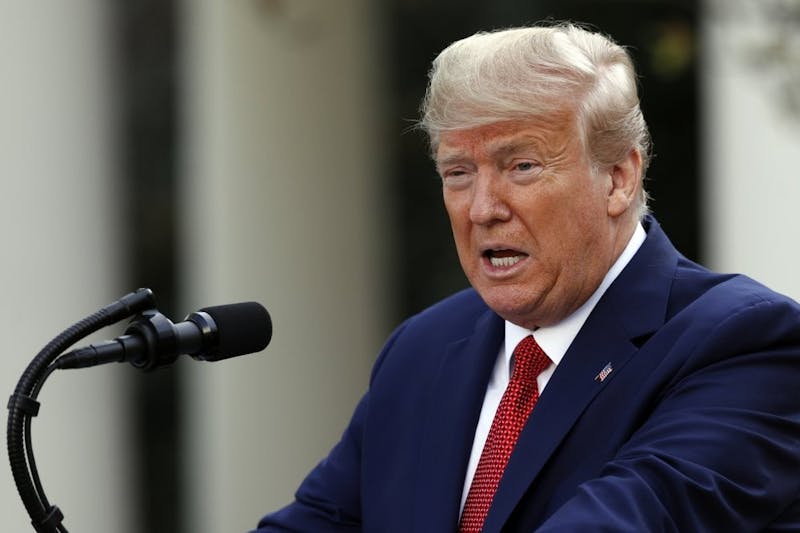 President Donald Trump speaks during a coronavirus task force briefing in the Rose Garden of the White House, Sunday, March 29, 2020, in Washington. (AP Photo/Patrick Semansky)