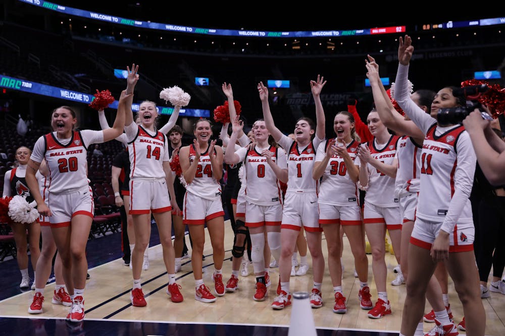 <p>The Ball State women&#x27;s basketball team celebrates a win in a game against Akron in the MAC Tournament Quarterfinals March 8 at Rocket Mortgage Fieldhouse in Cleveland. Amber Pietz, DN</p>