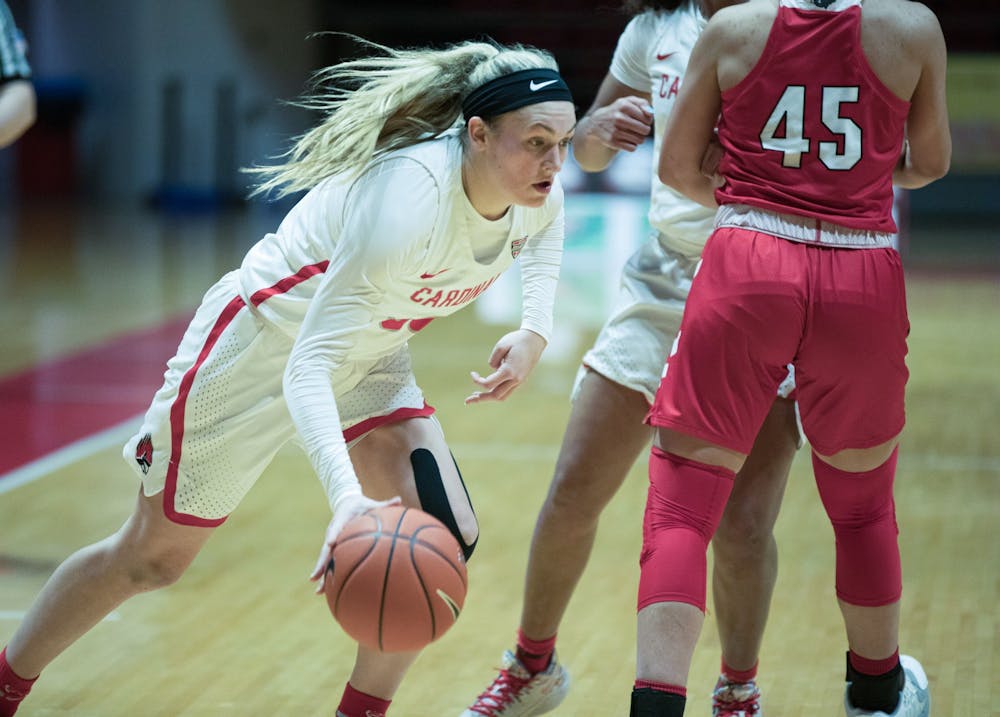 <p>Cardinals redshirt sophomore guard Anna Clephane going drives to the basket during a game against Miami University Jan. 27, 2021, at John E. Worthen Arena. The Cardinals took the win 85-82. <strong>Grace Walton, DN</strong></p>