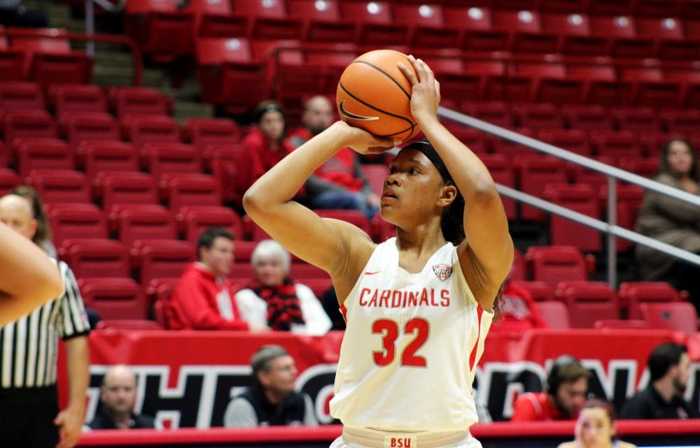 Freshman forward Oshlynn Brown attempts a shot in the second half of Ball State's 126-55 victory over Oakland City on Dec. 9. She scored a game-high 17 points in the win. Josh Shelton, Photo Provided.