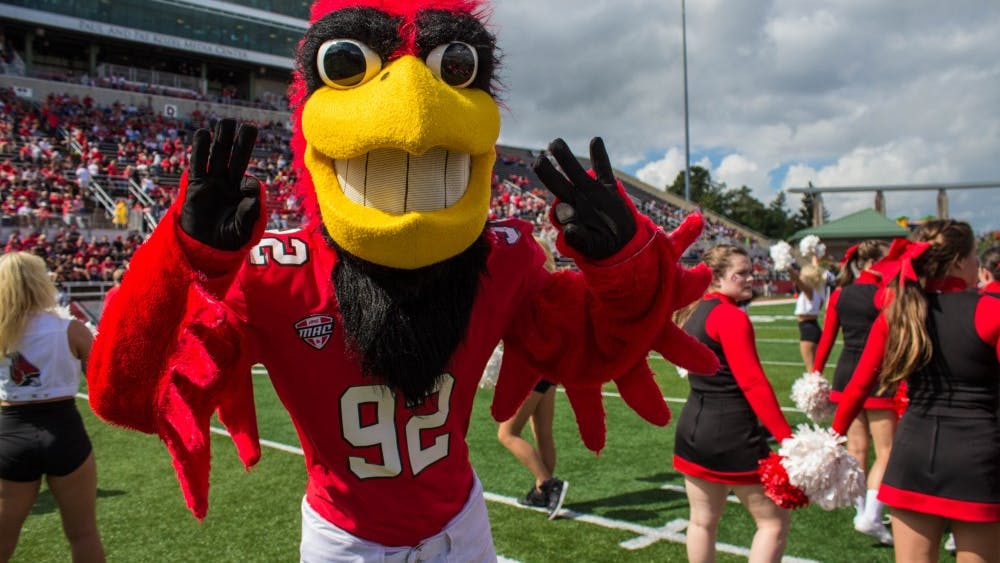 Charlie Cardinal welcomes the Cardinals onto the field at the beginning of the home opener game against Eastern Kentucky on Sept. 17 in Scheumann Stadium. Ball State won 41-14. Grace Ramey // DN