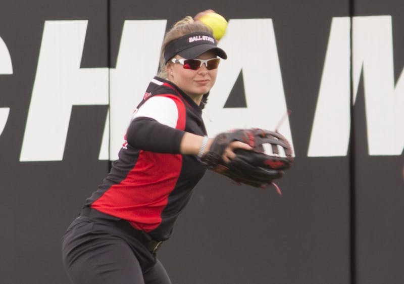 Ball State junior Haley Dominique throws the ball during the first game against Central Michigan April 21, 2018, at the softball field at First Merchant’s Ballpark Complex. Briana Hale, DN