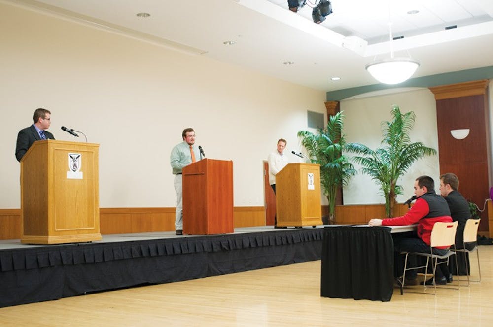 The SGA slate presidents discuss a number of issues including student involvements and media relations as part of their presidential debates Monday Feb. 11 at the Student Center ballroom. The Vice presidential debate will occur today. DN PHOTO JONATHAN MIKSANEK