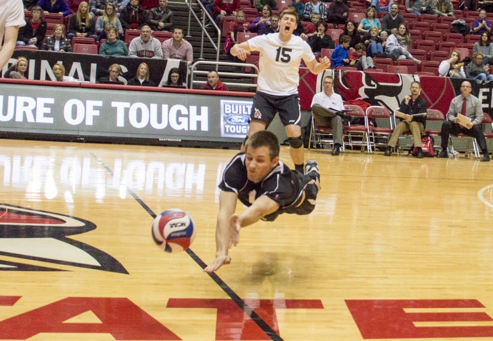 Senior libero David Ryan Vander Meer dives to save the ball during the game against IPFW on Feb. 5 at Worthen Arena. DN PHOTO ALAINA JAYE HALSEY