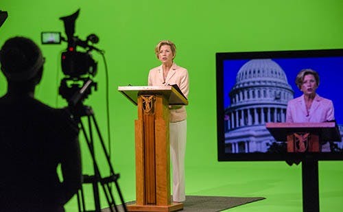 Congressmen Luke Messer along with University President Jo Ann Gora discusses the Indiana Leadership Academy at a press conference Friday morning in Ball State’s virtual studio. The studio was chosen as the location because it is one of the facilities that the academy will utilize to provide a hands-on experience to their education. DN PHOTO COREY OHLENKAMP