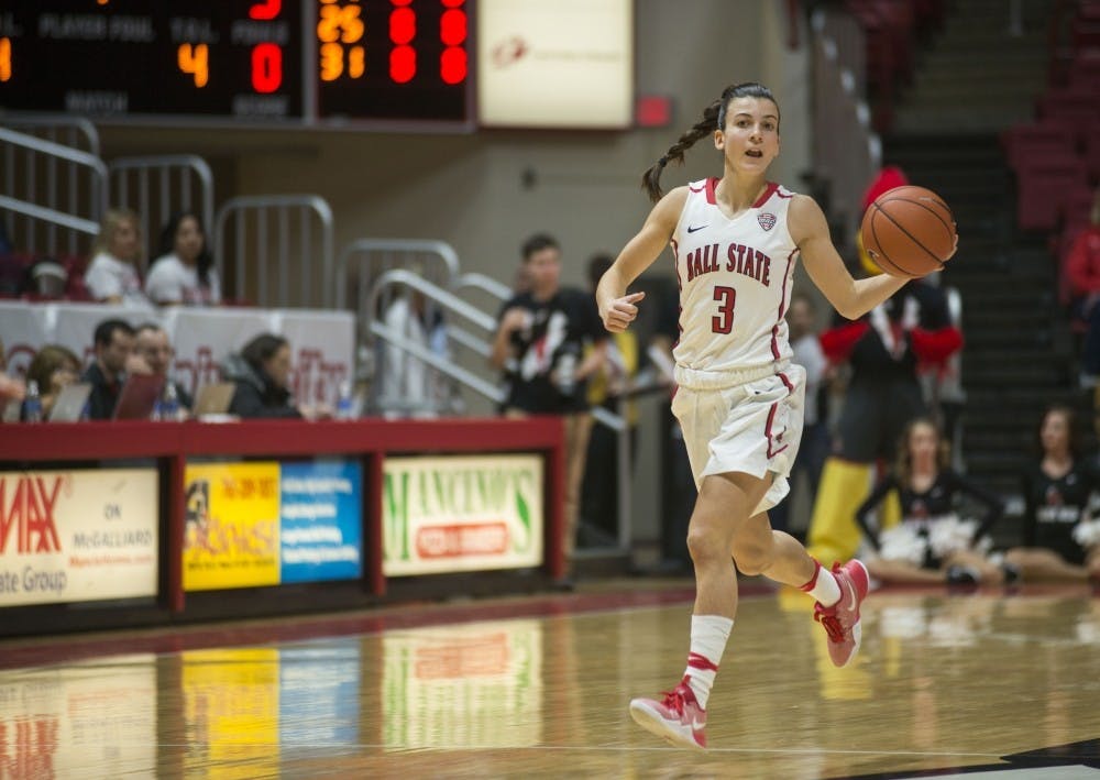 Sophomore guard Carmen Grande dribbles down court at the game against Northern Illinois University on Jan. 28 in Worthen Arena. Grande came to Ball State from Spain to play basketball and is third in the nation with 7.8 assists per game. Breanna Daugherty // DN
