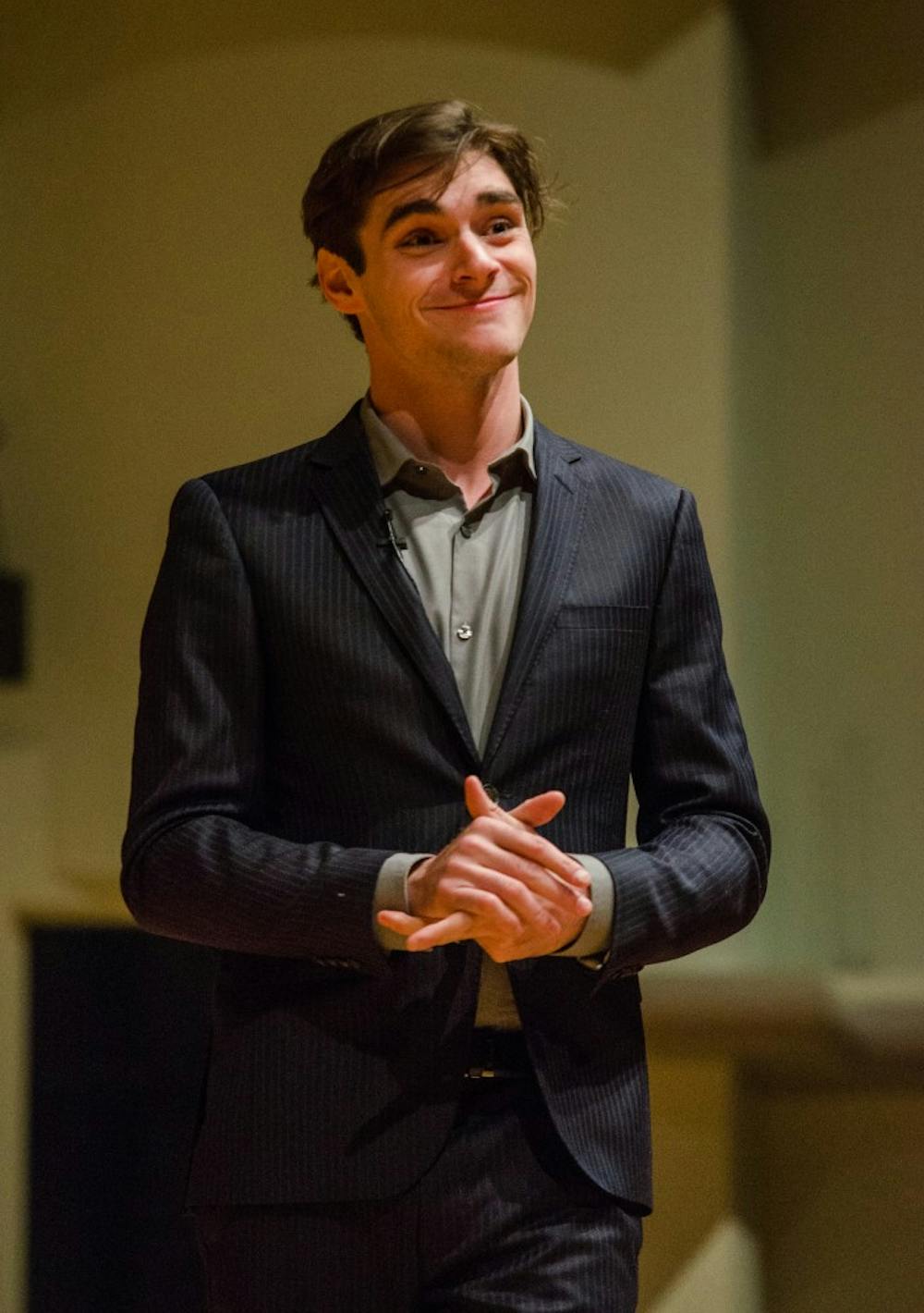 <p>RJ Mitte, known for his role as Walter White Jr. in AMC's "Breaking Bad," spoke at Ball State on March 21 about "Overcoming Adversity: Turning a Disadvantage into an Advantage" at Pruis Hall as part of the Excellence in Leadership lecture series. Mitte was bullied as a child because of his cerebral palsy. <em>DN PHOTO KELLEN HAZELIP</em></p>