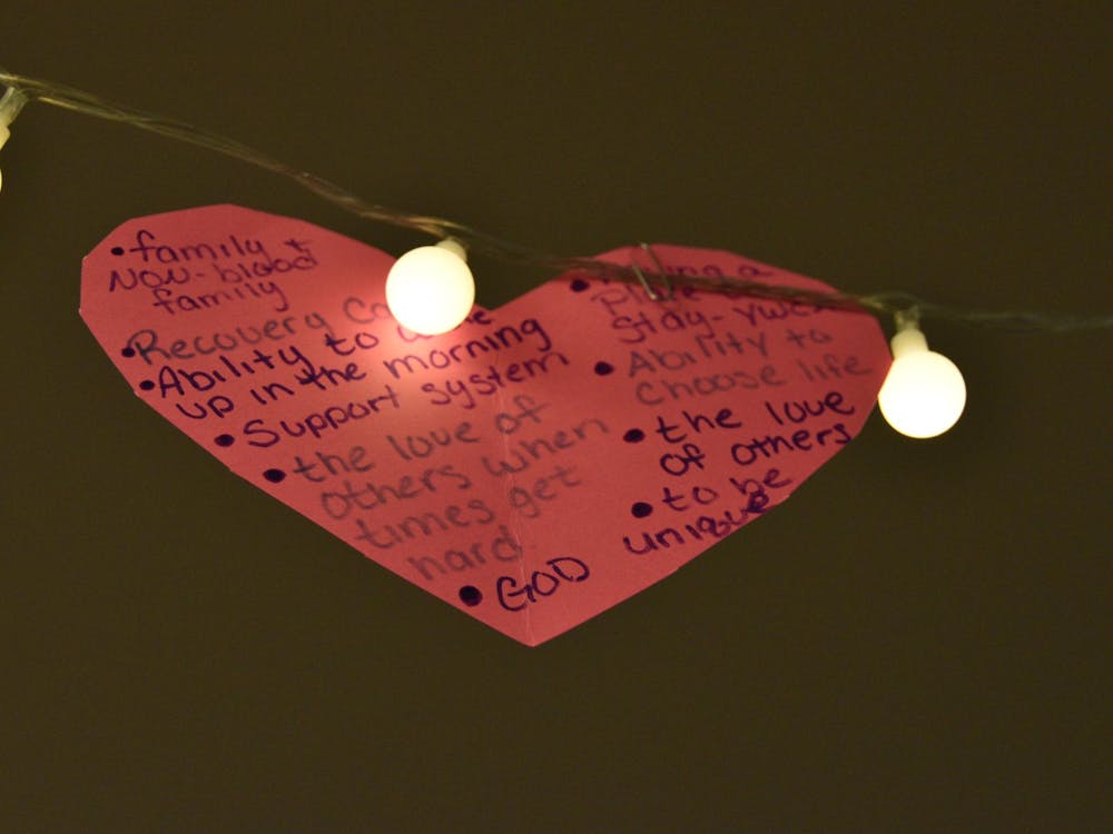 A heart hangs from the lights at the Recovery Cafe Feb. 2. in Muncie, Indiana. RCM aids anyone in need of recovery from anything. Ella Howell, DN