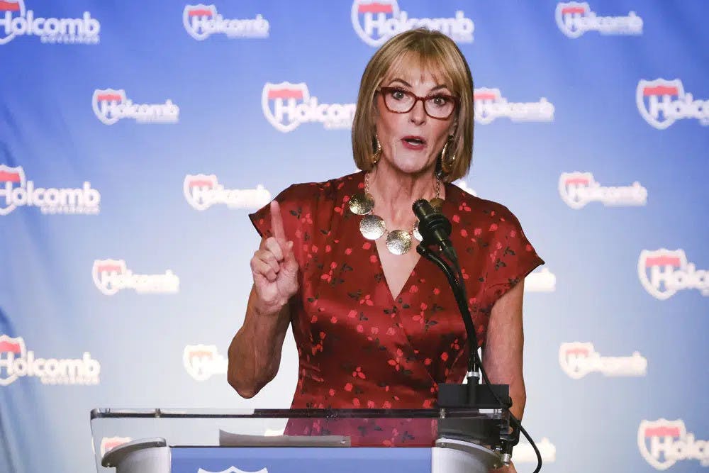 Indiana Lt. Gov. Suzanne Crouch introduces Gov. Eric Holcomb to make his re-election announcement at a campaign rally in Knightstown, Ind., Saturday, July 13, 2019. Crouch formally started her 2024 campaign for governor on Monday, Dec. 12, 2022, and said she would not shy away from Holcomb's record despite discontent among many conservatives over his COVID-19 policies and other actions. (AP Photo/AJ Mast, File)
