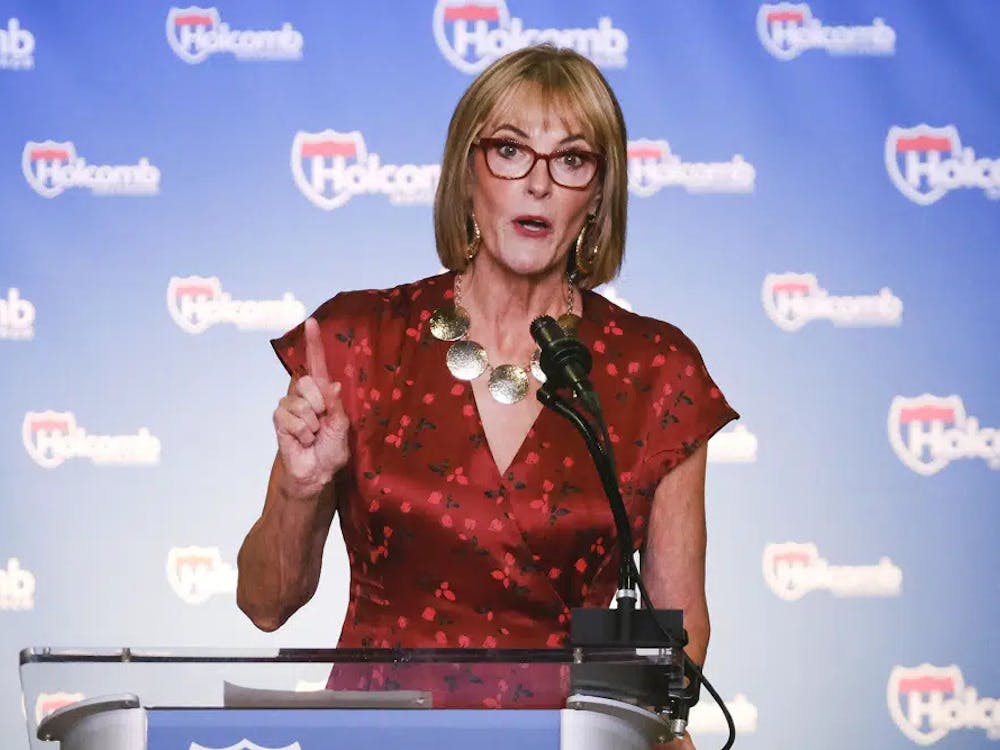 Indiana Lt. Gov. Suzanne Crouch introduces Gov. Eric Holcomb to make his re-election announcement at a campaign rally in Knightstown, Ind., Saturday, July 13, 2019. Crouch formally started her 2024 campaign for governor on Monday, Dec. 12, 2022, and said she would not shy away from Holcomb's record despite discontent among many conservatives over his COVID-19 policies and other actions. (AP Photo/AJ Mast, File)
