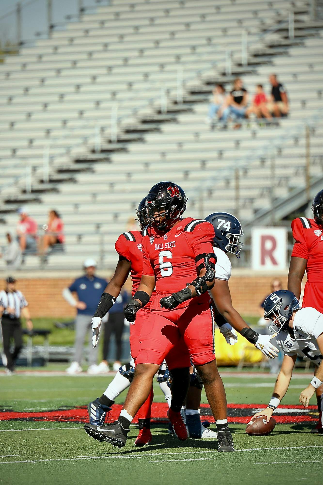 Junior defensive lineman Tavion Woodard celebrates after taking down an Eagle in a game against Georgia Southern Sep 23 at Scheumann Stadium. Woodard had one assited tackle and one solo. Andrew Berger, DN