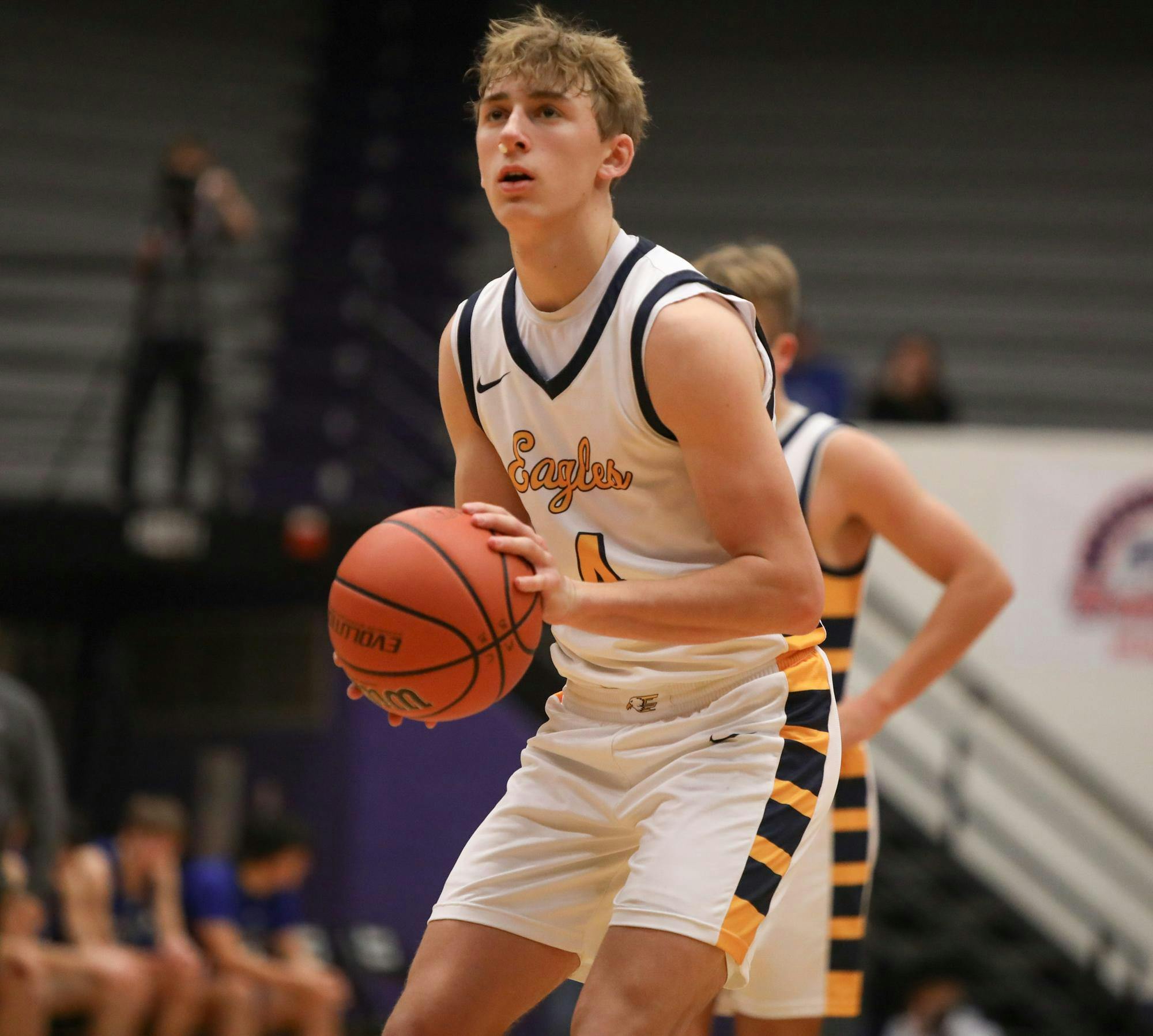 Delta senior Bronson Edwards shoots a free throw Dec. 14 during the Fieldhouse Classic at Muncie Central Fieldhouse. The Eagles defeated Tipton 48-42. Zach Carter, DN.