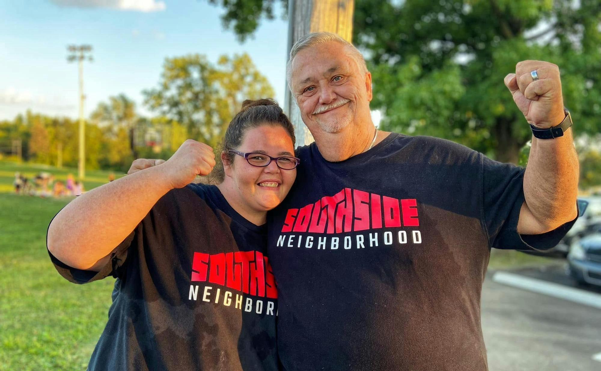 Muncie Southside Neighborhood Association President Courtney Marsh poses for a photo with Mark Kinman. Kinman’s honored annually with a fun-day event. Heather Williams, Photo Provided. 