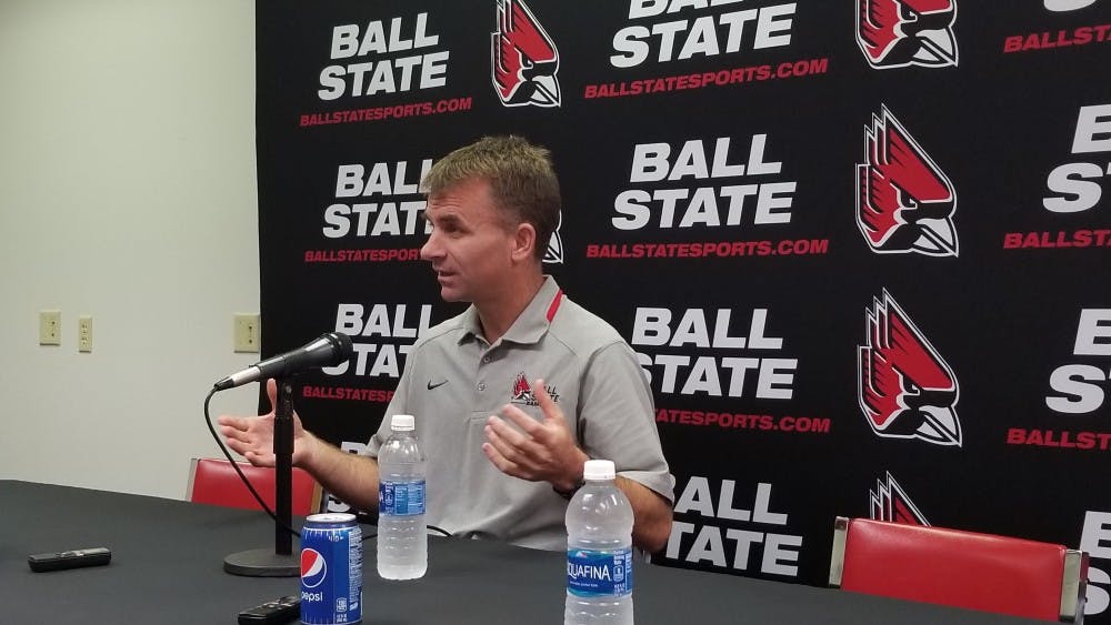 <p>Ball State men's basketball coach James Whitford, who enters his fifth season as head coach, addresses the media on Oct. 24, 2017 in Worthen Arena. <strong>Robby General, DN</strong></p>