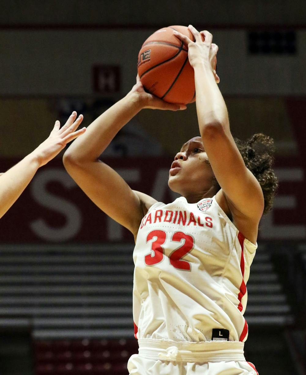 <p>Ball State junior forward Oshlynn Brown shoots during the Cardinals' game against Butler Saturday, Nov. 23, 2019, at John E. Worthen Arena. Brown scored 10 points. <strong>Paige Grider, DN</strong></p>