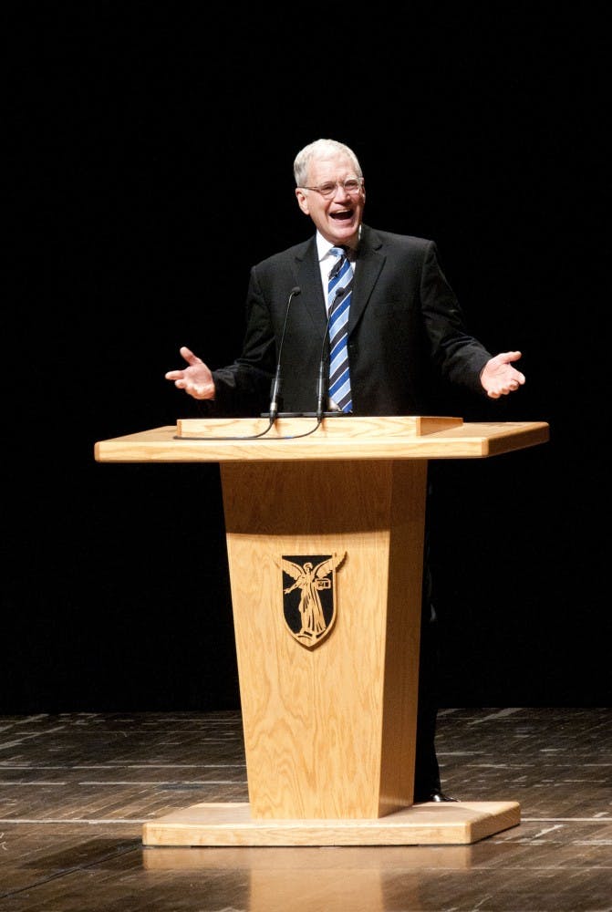 David Letterman tells stories before his conversation with MSNBC host Rachel Maddow. Letterman and Maddow talked about politics, the recent Penn State scandal and influences on their personal politics. DN PHOTO BOBBY ELLIS