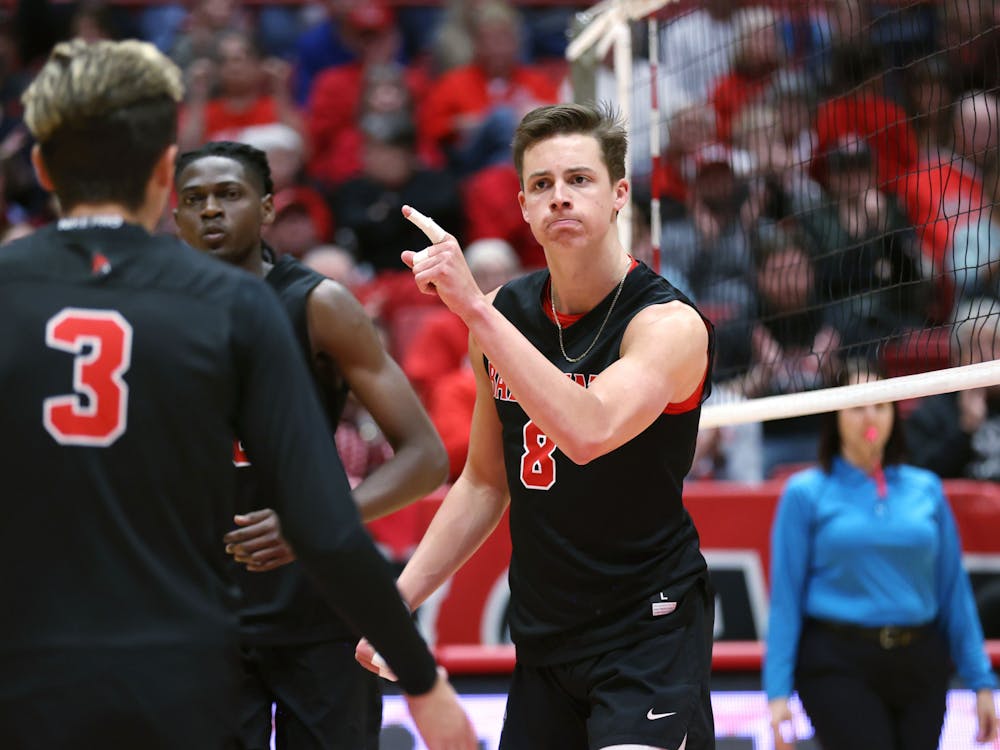 Second-year middle blocker Vanis Buckholz gestures after scoring a point in a game against Ohio State in MIVA Tournament Finals April 22 at Worthen Arena. Buckholz scored 8.5 points during the game. Amber Pietz, DN