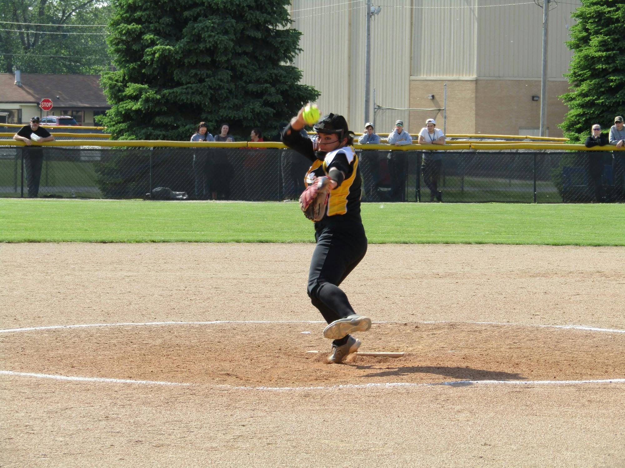 Junior pitcher Tatum Rickart pitches during a first-round sectional matchup between her Cowan Blackhawks and the Liberty Christian Lions in Daleville, Indiana, May 23, 2022. Rickert threw a no-hitter, striking out 16 batters en route to a 9-0 victory. (Kyle Smedley/DN)
