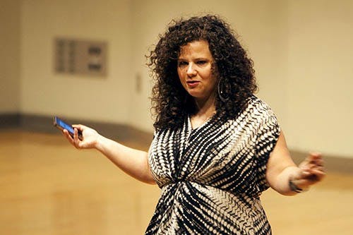 Author Jaclyn Friedman speaks about enthusiastic consent in relation to sexuality in Pruis Hall on March 27th. Friedman writes about feminist issues that face women in today’s culture. DN PHOTO JORDAN HUFFER