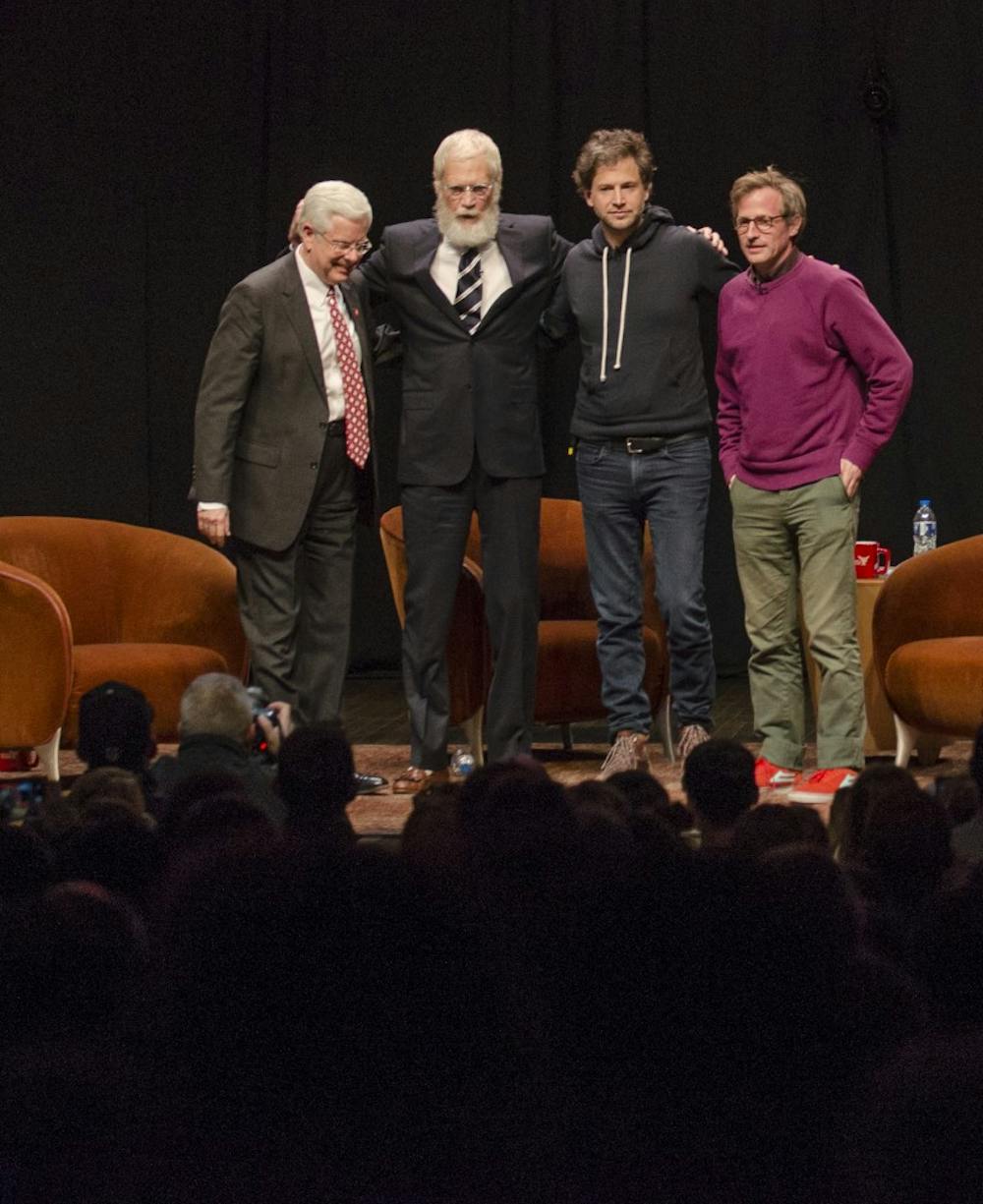Alumnus David Letterman came to Ball State with filmmakers Spike Jonze and Bennett Miller on Nov. 30 at John R. Emens Auditorium. The three discussed making it in the industry. Jonze and Miller also directed a scene Letterman had done early in his career with two Ball State theatre students. DN PHOTO BREANNA DAUGHERTY