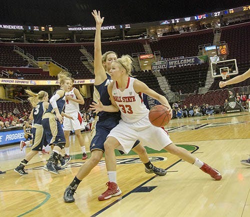 Katie Murphy attempts a layup to score for Ball State.  DN PHOTO COREY OHLENKAMP