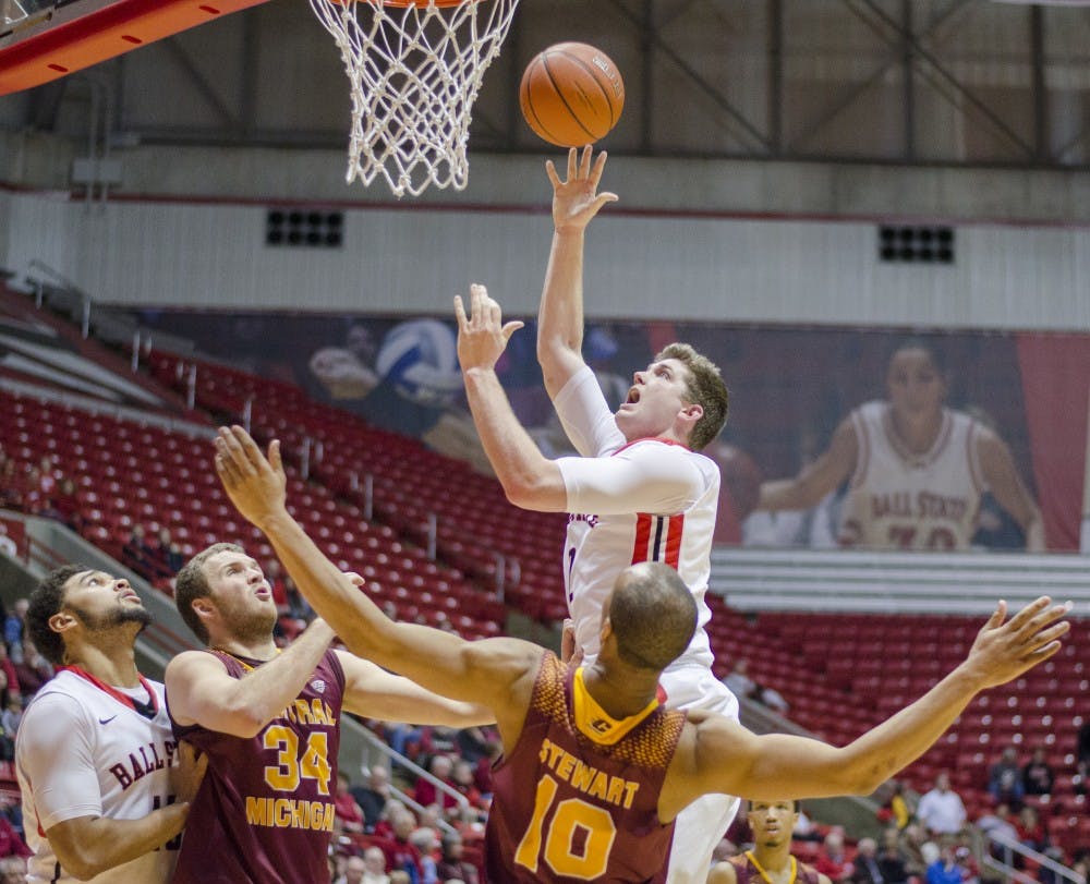 Senior center Matt Kamieniecki goes up for a shot during the game against Central Michigan on Jan. 10 at Worthen Arena. DN PHOTO BREANNA DAUGHERTY