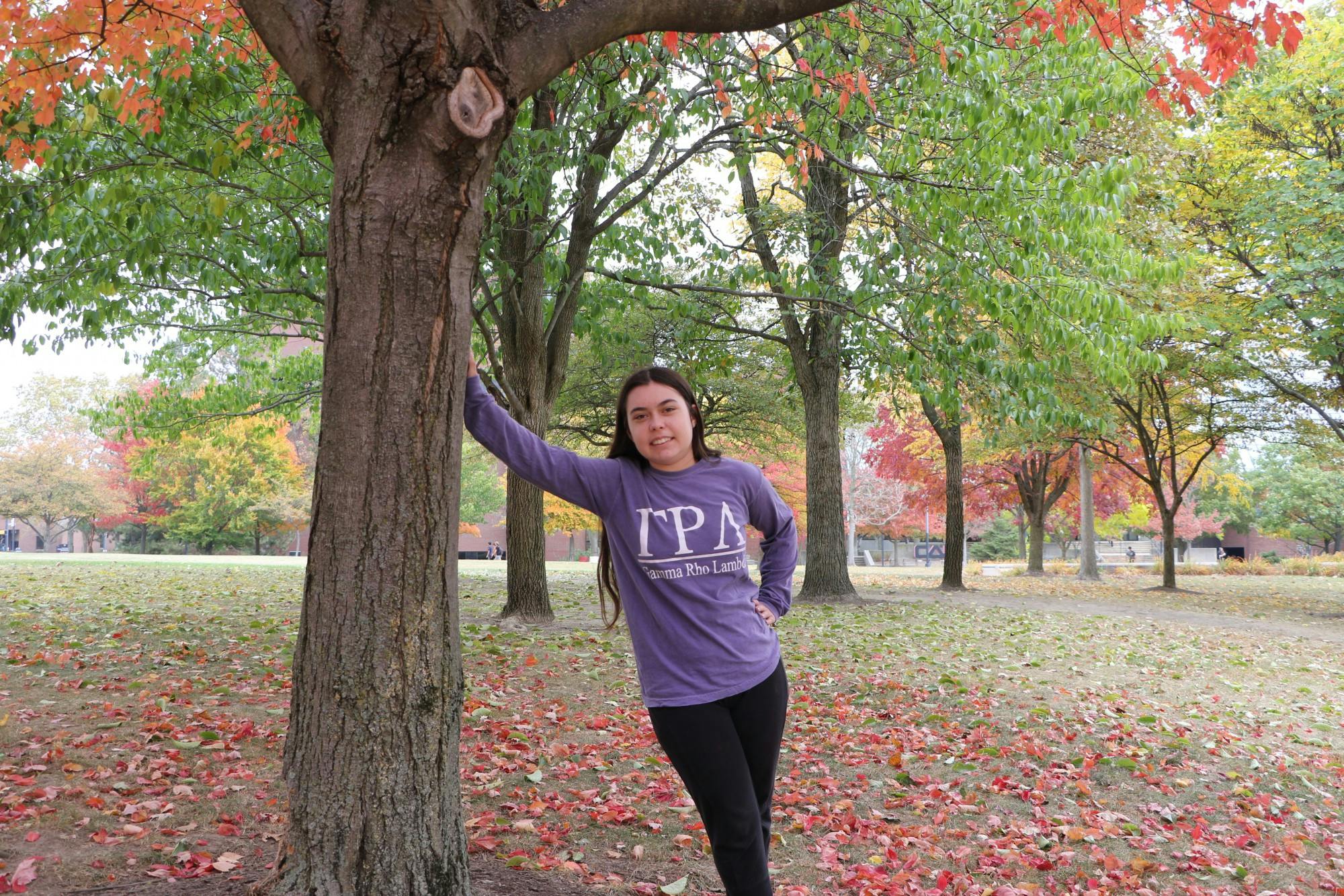 President of Nu Chapter of Gamma Rho Lambda Audrey Schockett poses for a photo Oct. 12 next to a tree at Ball State. Grayson Joslin, DN