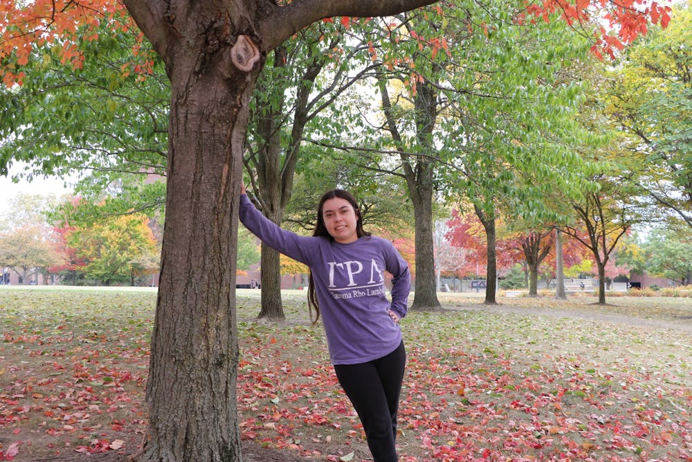 President of Nu Chapter of Gamma Rho Lambda Audrey Schockett poses for a photo Oct. 12 next to a tree at Ball State. Grayson Joslin, DN
