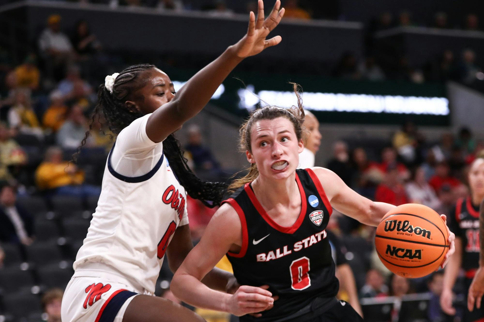 Ball State senior Ally Becki drives the ball against Ole Miss March 21 in the NCAA Women's Basketball Tournament at Foster Pavilion in Waco, Texas. Andrew Berger, DN