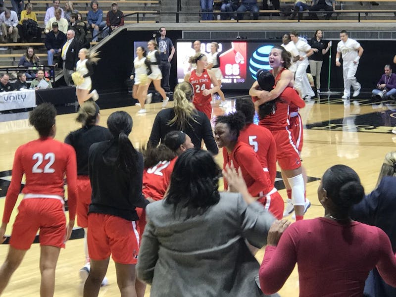 Ball State women's basketball players celebrate after defeating Purdue 66-60 on Dec. 4. Mitch Barloga, Photo Provided