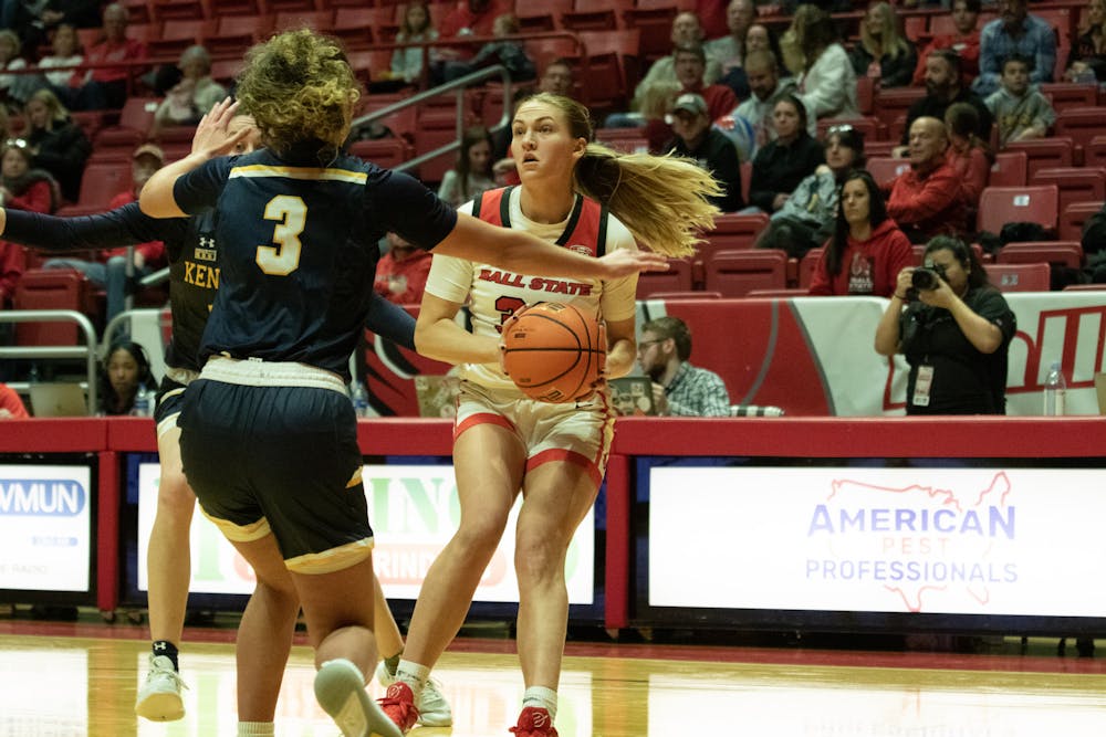 Redshirt senior Anna Clephane prepares to shoot a jump shot in a game against Kent State Feb. 4 at Worthen Arena. Clephane had 11 points in the Cardinals win over the Golden Flashes. Brayden Goins, DN