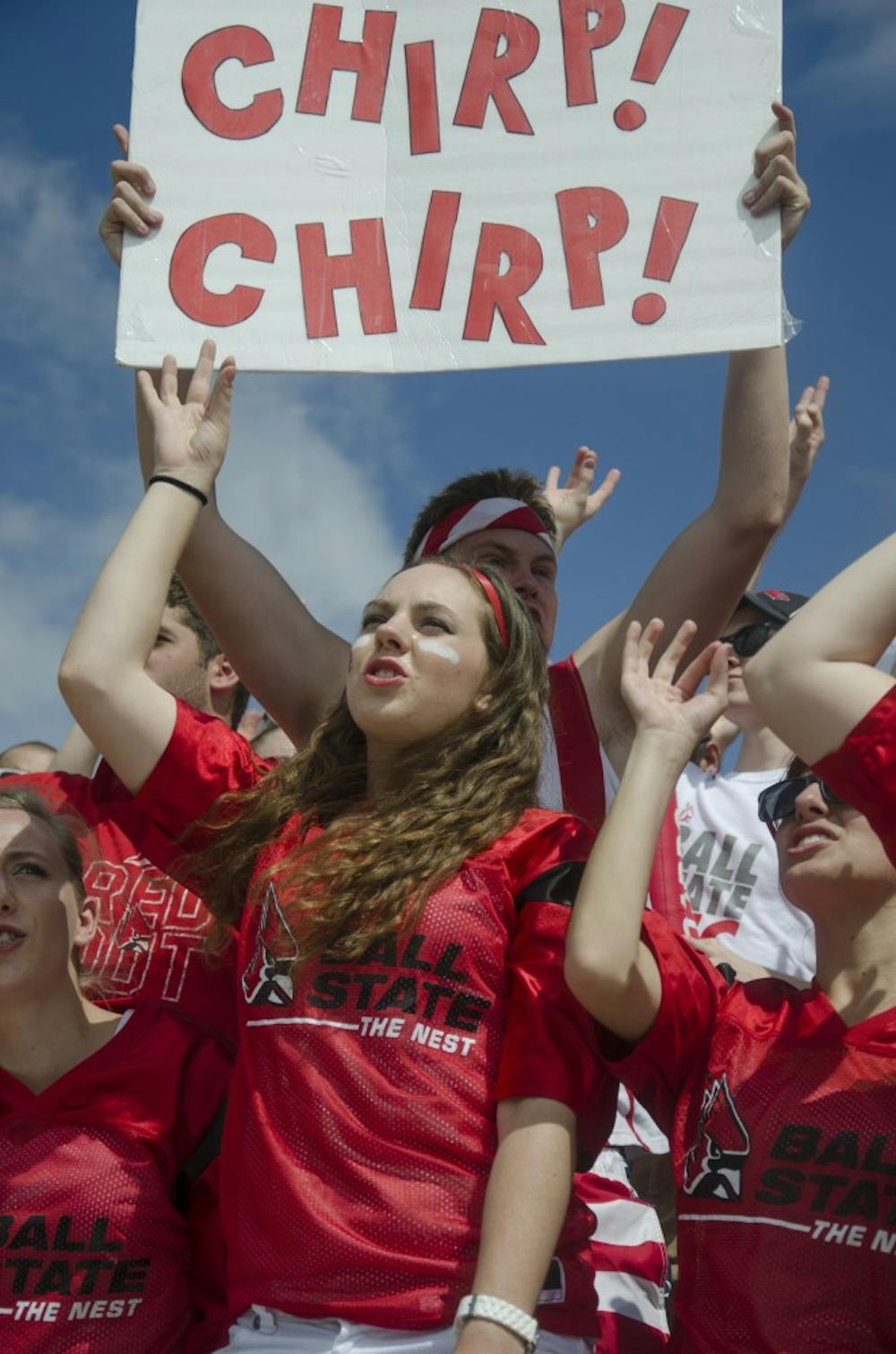 Fans "chirp" on the third down during the game against Colgate on Aug. 30 at Scheumann Stadium. DN PHOTO BREANNA DAUGHERTY 