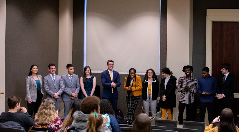 The three new SGA slates Aureum (Left), Bold (Middle) and Alliance (Right) introduce themselves, Feb. 4, 2020, at the Nomination Convention. Aureum slate was eliminated in the first round of voting after losing to Alliance by less than 60 votes. Jacob Musselman, DN