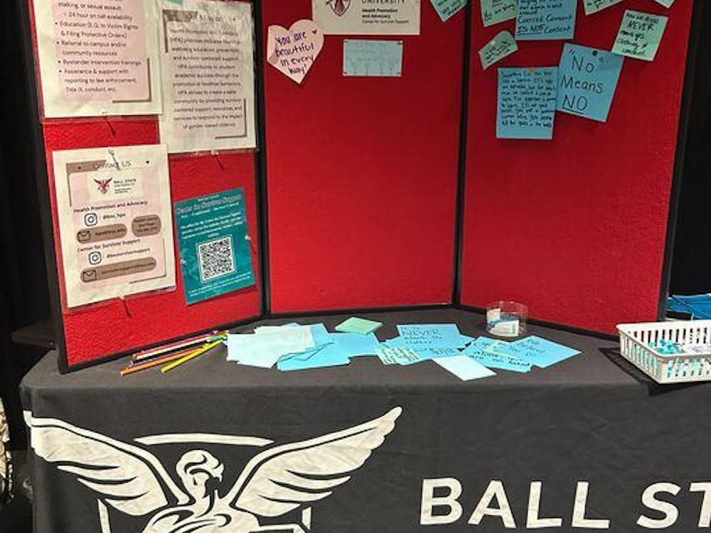 The Ball State Health and Promotion Advocacy table at the “What Were you Wearing” event on Wednesday, April 17 in the Jo Ann Gora Student Recreation and Wellness Center. April is Sexual Assault Awareness Month, and the purpose of this event is to bring awareness to sexual violence. (Maya Kim, DN)
