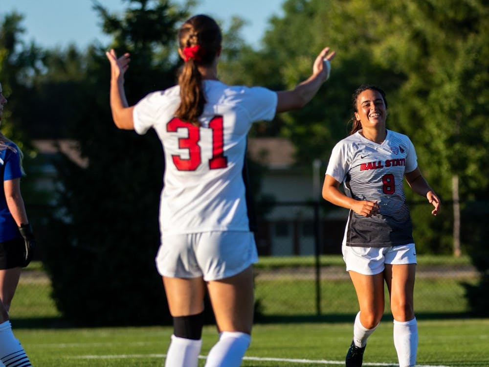 Tatiana Mason calls over Paula Guerrero to celebrate after Guerrero scores a goal securing Ball State’s win against the University of Nebraska-Omaha Friday, Sept. 14, 2018 at Briner Sports Complex. All points were scored in the second half of the game where Ball State won 3 to 1. Eric Pritchett,DN