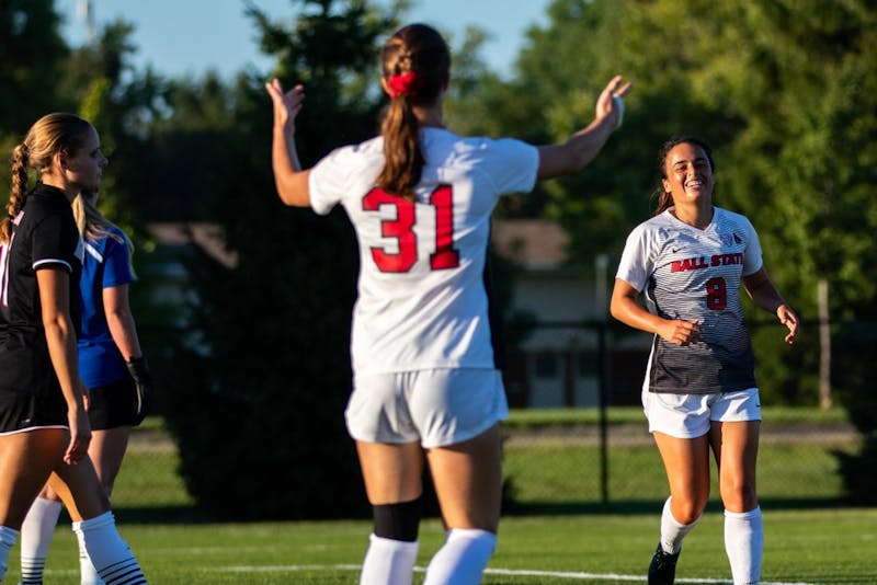 Tatiana Mason calls over Paula Guerrero to celebrate after Guerrero scores a goal securing Ball State’s win against the University of Nebraska-Omaha Friday, Sept. 14, 2018 at Briner Sports Complex. All points were scored in the second half of the game where Ball State won 3 to 1. Eric Pritchett,DN