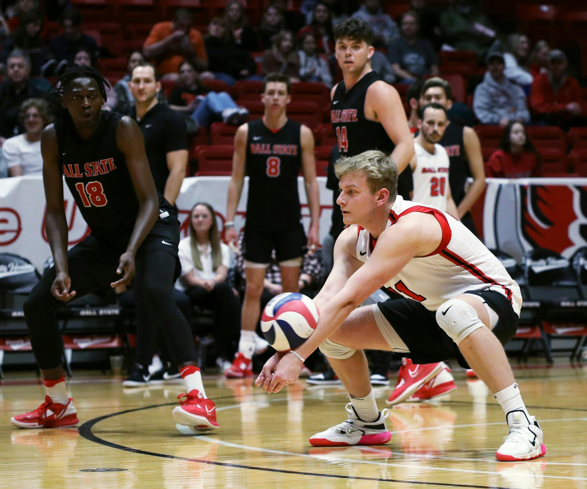 Third-year libero Lukas Pytlak hits the ball in a game against Lindenwood March 25 at Worthen Arena. Pytlak had two assists during the game. Amber Pietz, DN