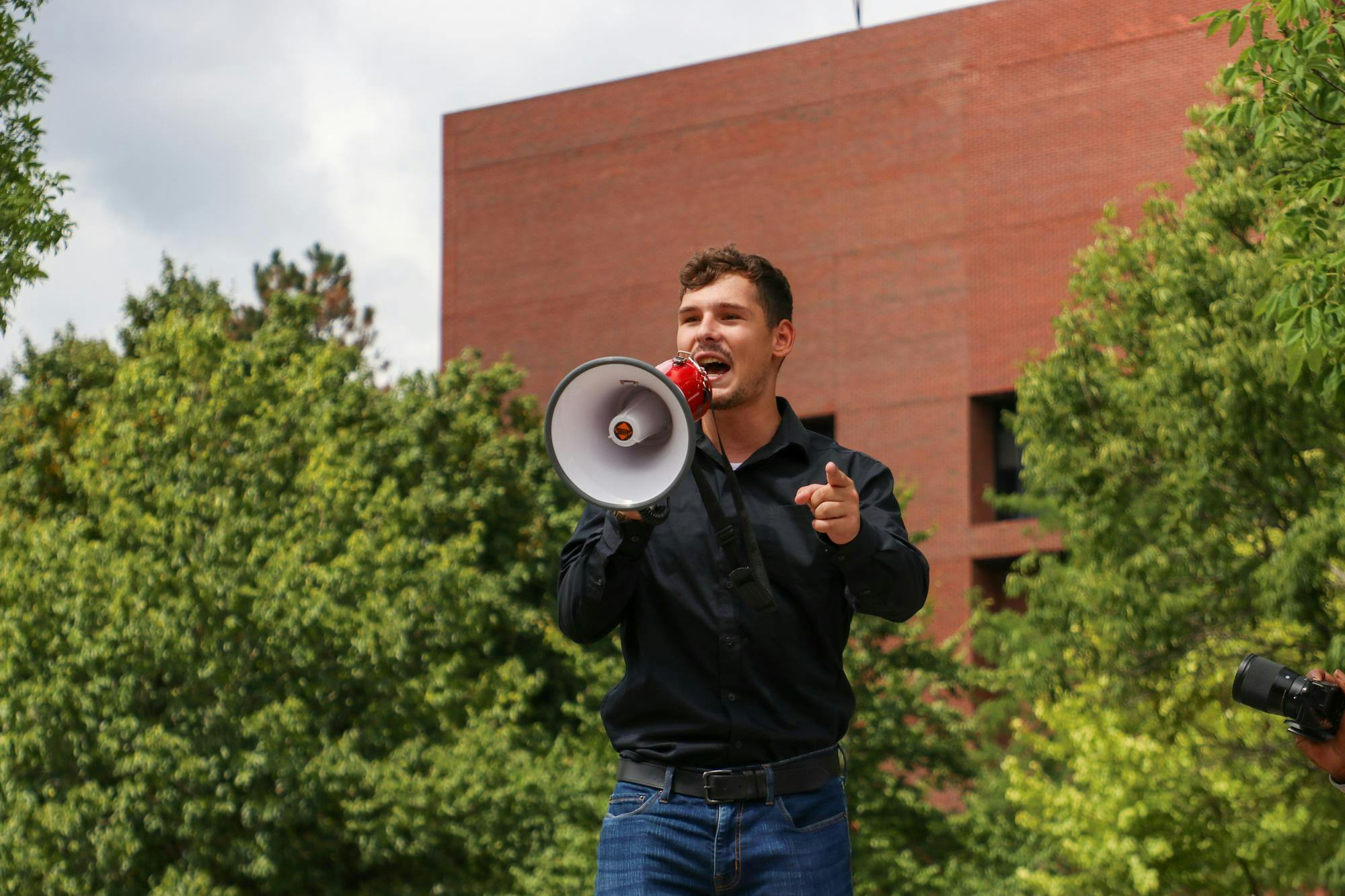 Candidate for Indiana's 5th congressional district, Jackson Franklin, speaks in front of a protest Aug. 22 at Ball State University. Franklin is a candidate for the 2026 election cycle. Adam Jones, DN