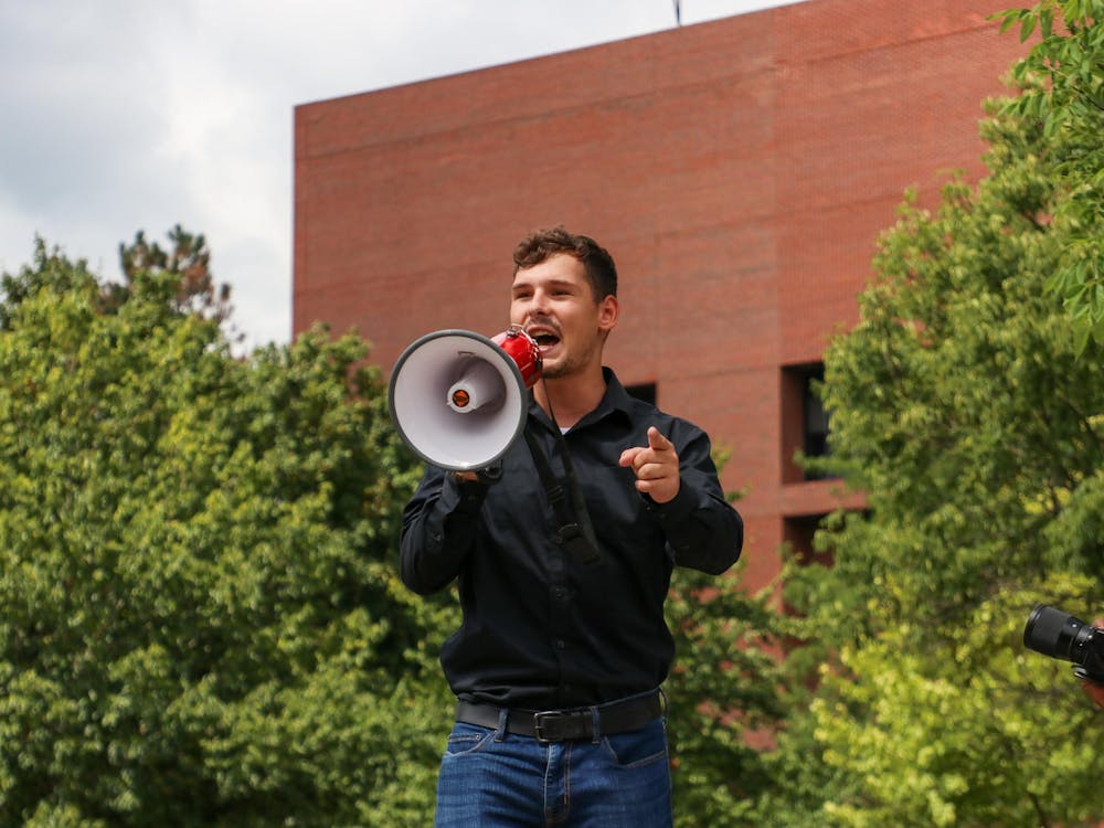Candidate for Indiana's 5th congressional district, Jackson Franklin, speaks in front of a protest Aug. 22 at Ball State University. Franklin is a candidate for the 2026 election cycle. Adam Jones, DN