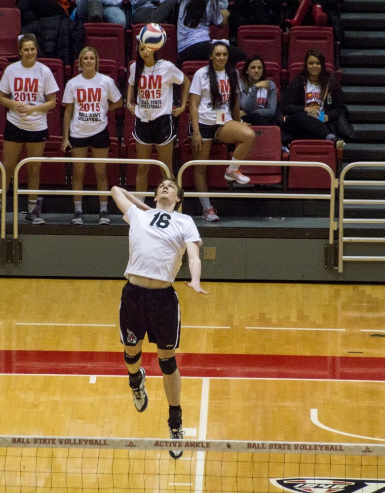 Freshman outside attacker Matt Walsh serves the ball during the game against Ohio State on Feb. 21 at Worthen Arena. DN PHOTO ALAINA JAYE HALSEY