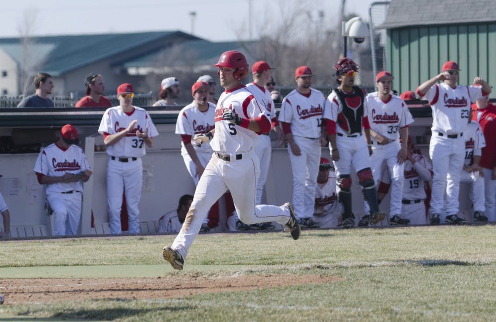 Sophomore infielder Ryan Spaulding runs to the home plate against Bowling Green Friday at Ball Diamond. Ball State won against Bowling Green in all three games this past weekend. DN PHOTO BREANNA DAUGHERTY