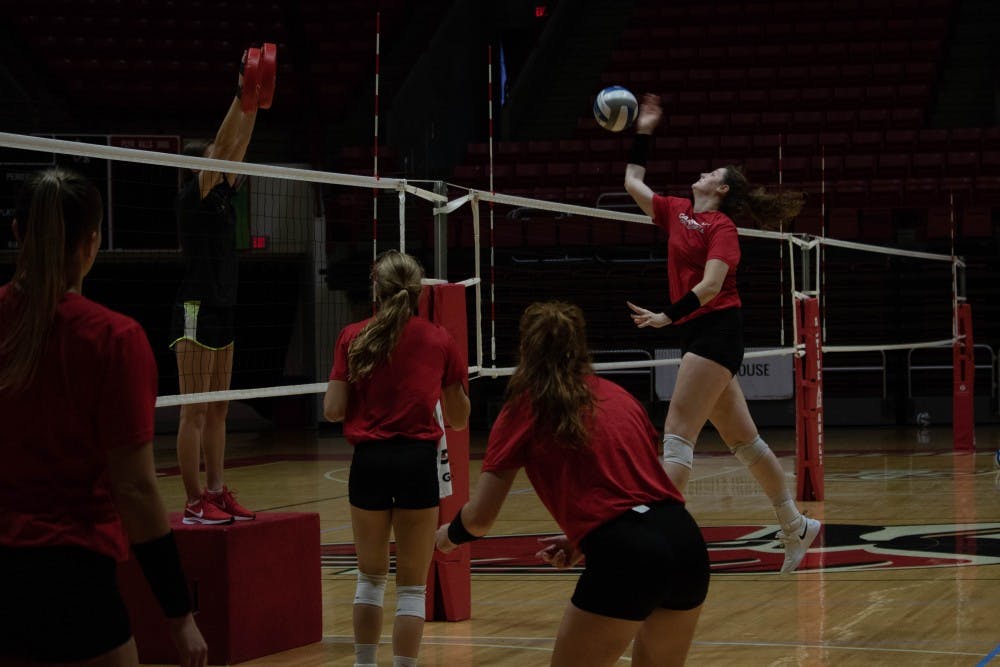 Ball State University Woman's Volleyball team practices Wednesday, Sept. 5, 2018 at Worthen Arena. The team will play in the Active Ankle Challenge this weekend. Rebecca Slezak,DN