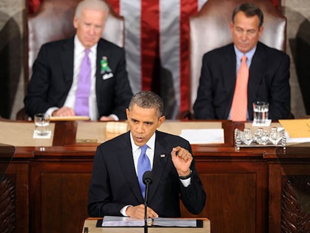 President Barack Obama, accompanied by Vice President Joe Biden and House Speaker John Boehner, gives his State of the Union address during a joint session of Congress on Capitol Hill in Washington, D.C., on Feb. 12, 2013. MCT PHOTO