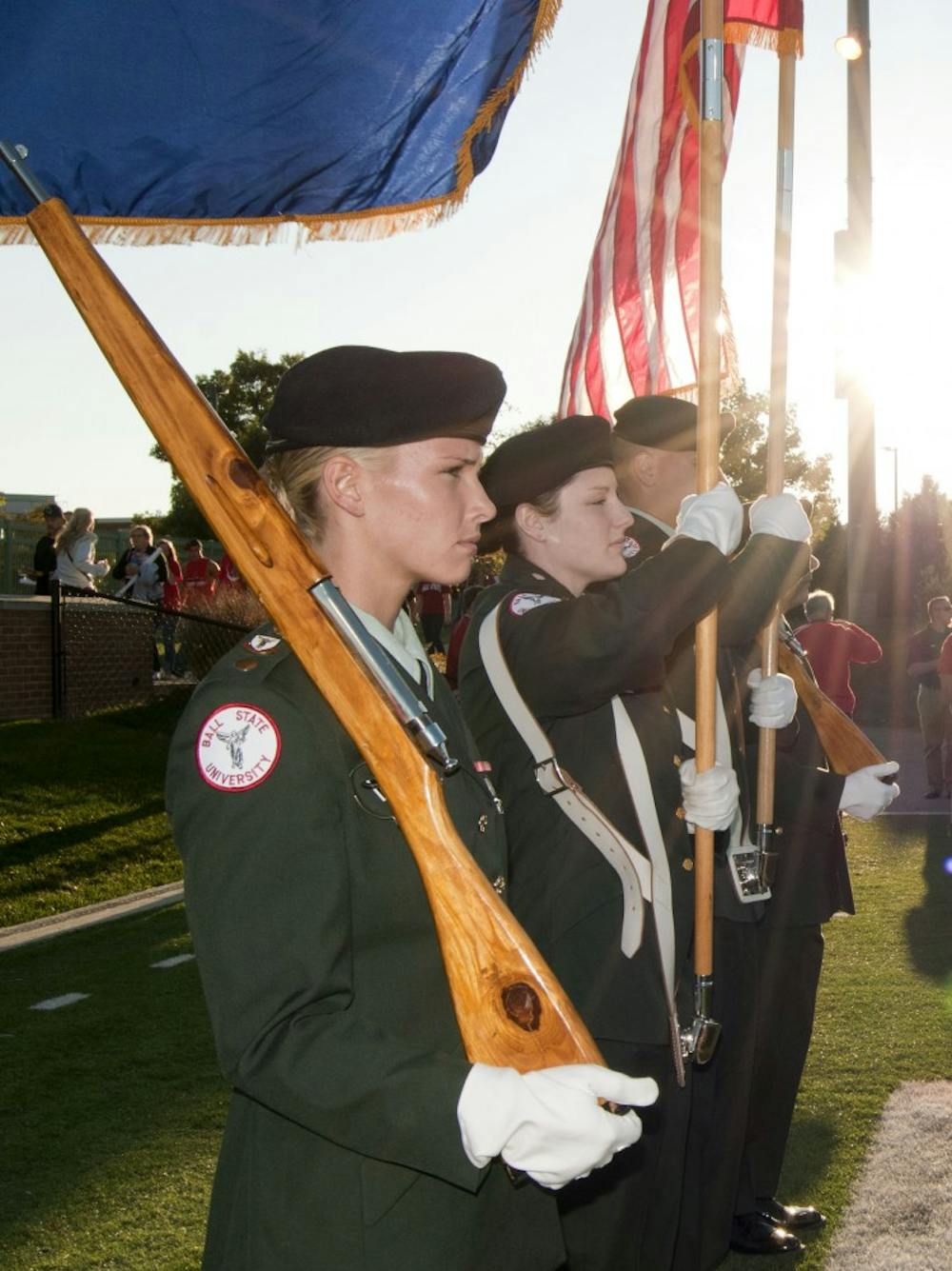 Ball State ROTC members prepare to present the American flag before kickoff. DN PHOTO BOBBY ELLIS