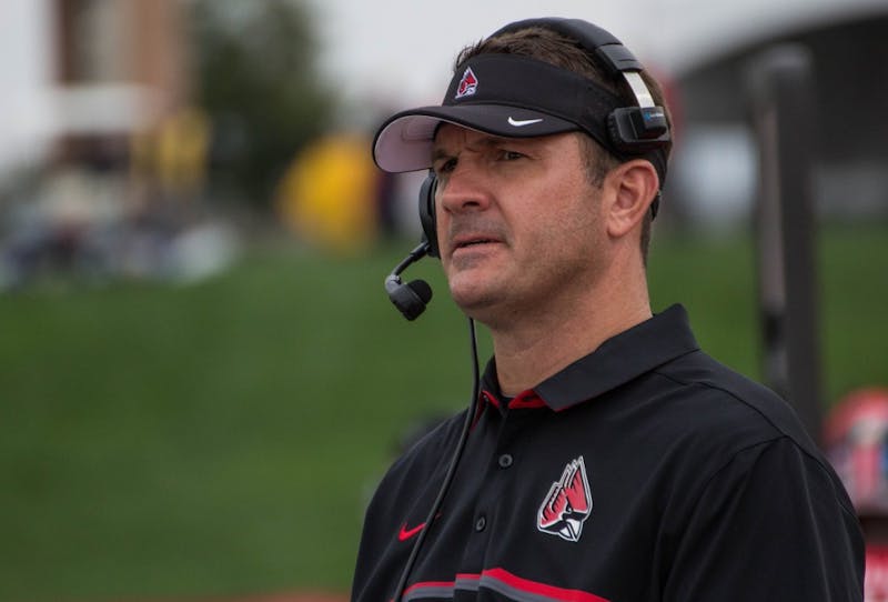 Ball State's new head football coach Mike Neu coaches from the sidelines during the game against Northern Illinois on Oct. , 2017 in Scheumann Stadium. Grace Ramey // DN File