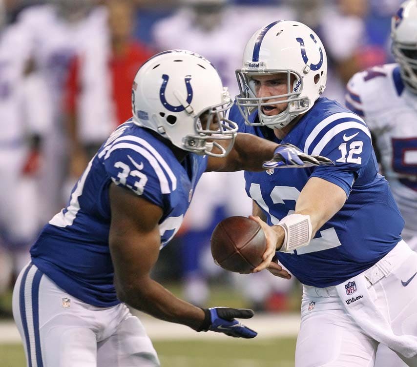 Indianapolis Colts quarterback Andrew Luck (12) hands off to Indianapolis Colts running back Vick Ballard (33) on Sunday in Indianapolis, Ind. The Colts won the game against the Bills 20-13. MCT PHOTO